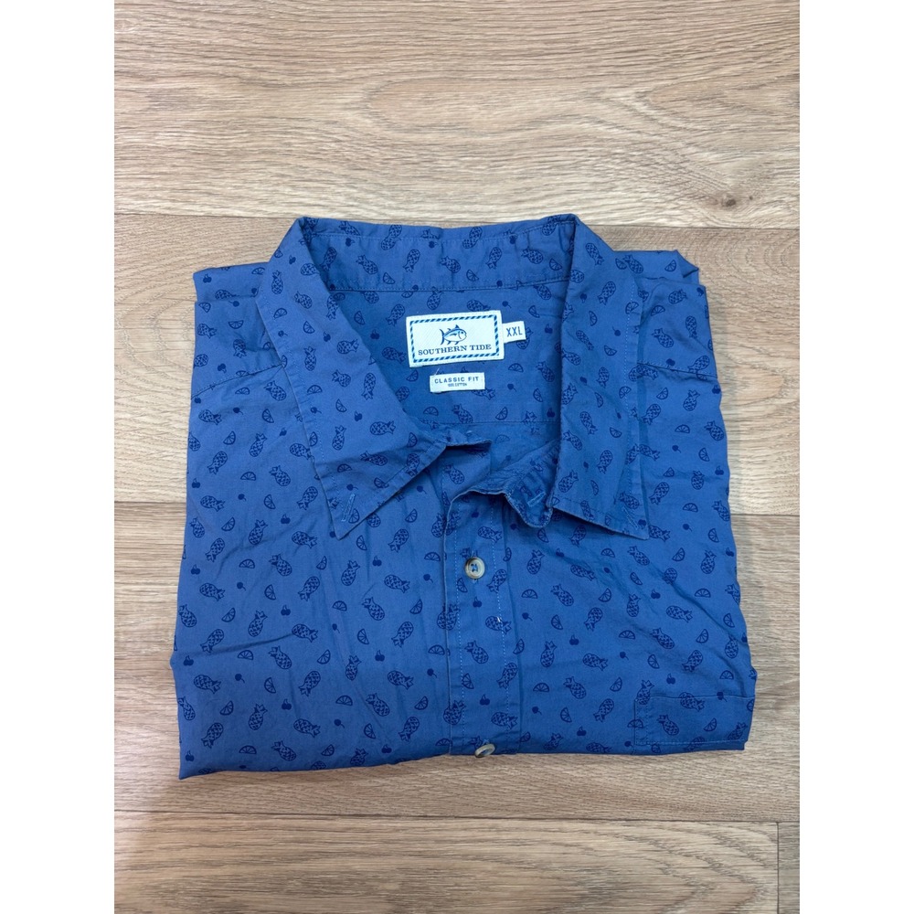 Southern Tide Mens XXL Blue Pineapple Fruit Print Short Sleeve Button Down Shirt